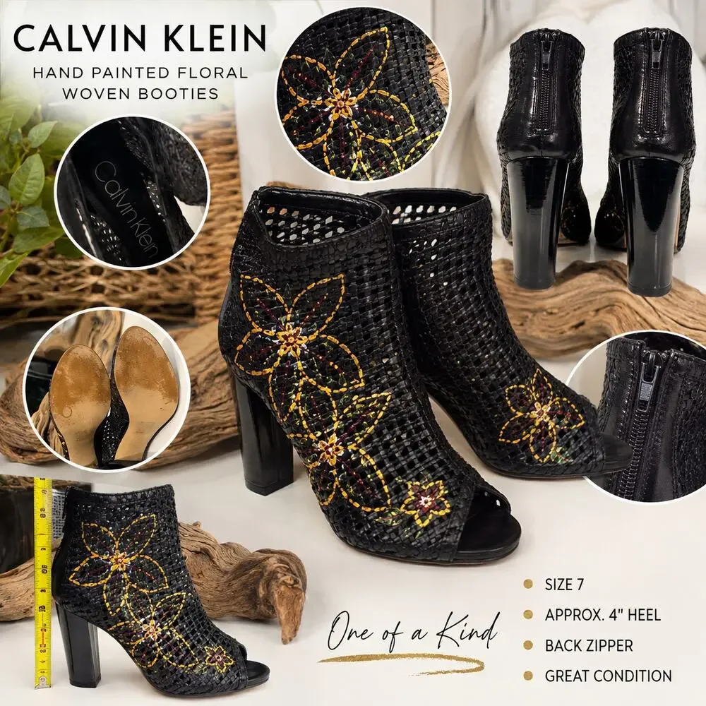 CALVIN KLEIN Custom Hand Painted Floral Woven Booties Heels Size 7